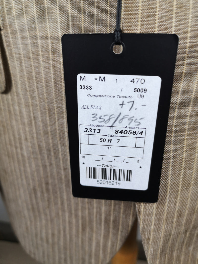 Luigi Bianchi Suit 39/40R Tan with White stripes 3-Button Linen