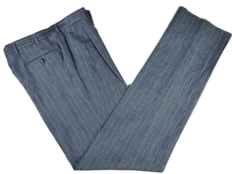 Luigi Bianchi Suit 40R Heather Blue Stripes 3-Button Pure Linen