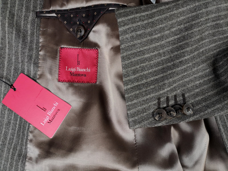 Luigi Bianchi Suit 40R Earthy Grey Striped 3-Button Wool Flannel