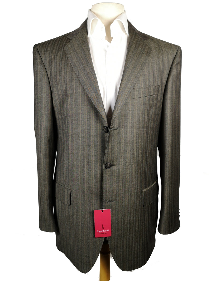 Luigi Bianchi Suit 40R Earthy Grey Herringbone Stripe 3-Button 120's Wool