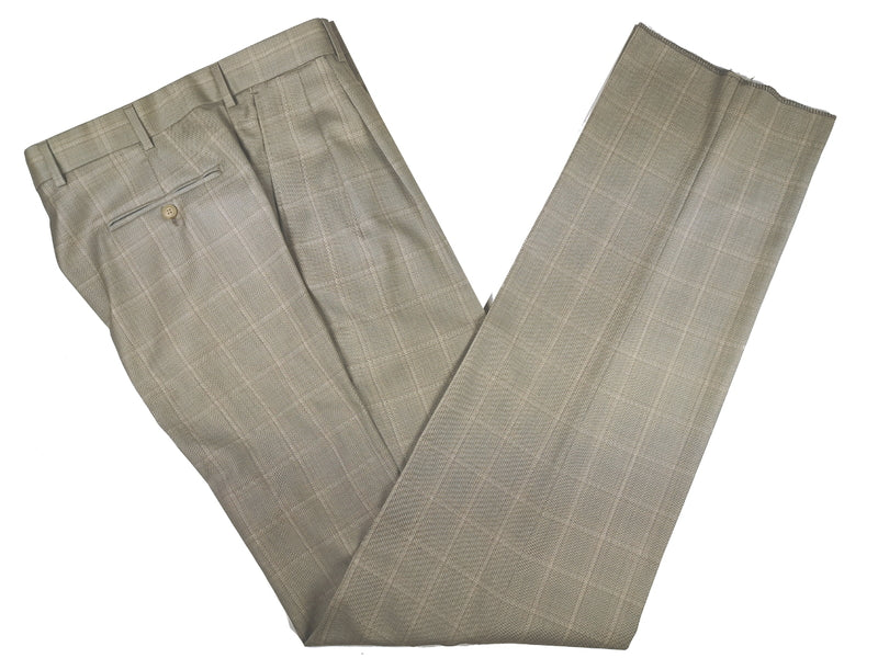 Luigi Bianchi Suit 42R Light Taupe Grey Windowpane Plaid 3-button 110's Wool