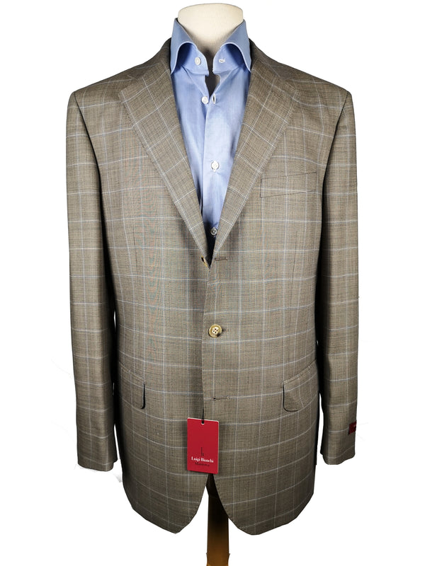 Luigi Bianchi Suit 42R Taupe Grey Sharkskin Sky Windowpane Plaid 3-button Wool