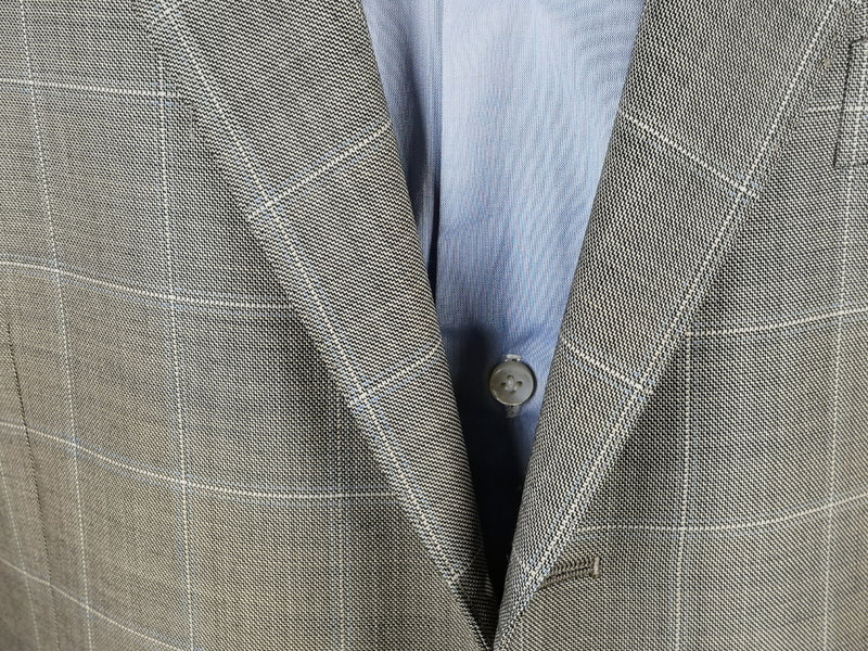 Luigi Bianchi Suit 42R Taupe Grey Sharkskin Sky Windowpane Plaid 3-button Wool