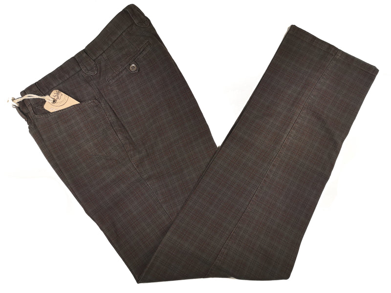 LBM 1911 Trousers 33/34 Olive Brown Plaid Flat front Straight Leg Cotton Brushed