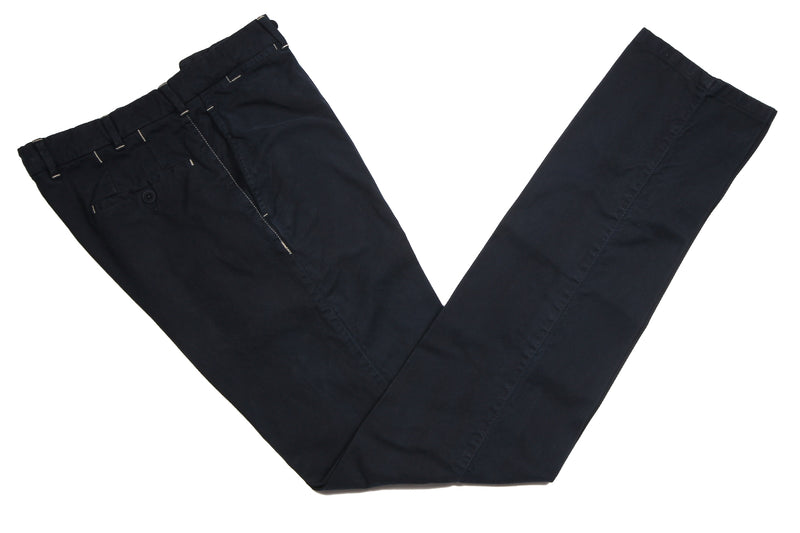 Marco Pescarolo Trousers: 32 Navy blue Contrast Stitch Flat front cotton/elastane