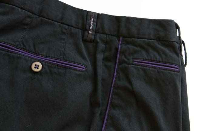 PT01 Trousers: 30/31, Black with purple trim, flat front, cotton/elastane