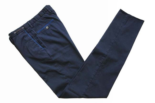 PT01 Trousers: 30, Navy blue with blue trim, flat front, cotton