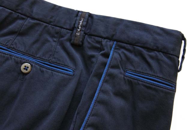 PT01 Trousers: 30, Navy blue with blue trim, flat front, cotton