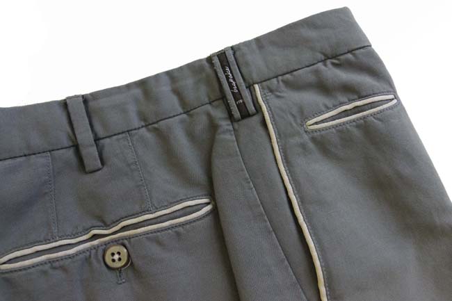 PT01 Trousers: 33/34, Grey with cream trim, flat front, cotton/linen