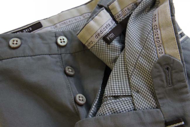 PT01 Trousers: 33/34, Grey with cream trim, flat front, cotton/linen
