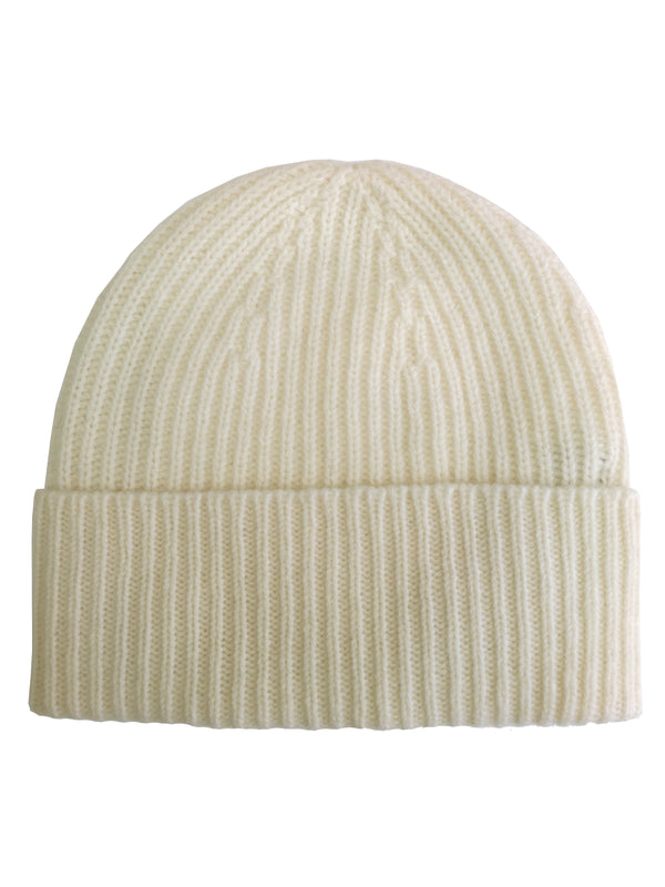 The Wardrobe Beanie Vanilla White Ribbed Pure cashmere