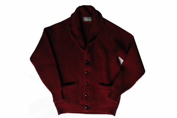 The Wardrobe Sweater Burgundy Shawl Collar Cardigan 4-Ply Lambswool