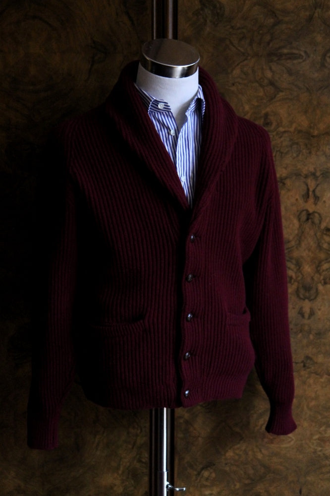The Wardrobe Sweater Burgundy Shawl Collar Cardigan 4-Ply Lambswool
