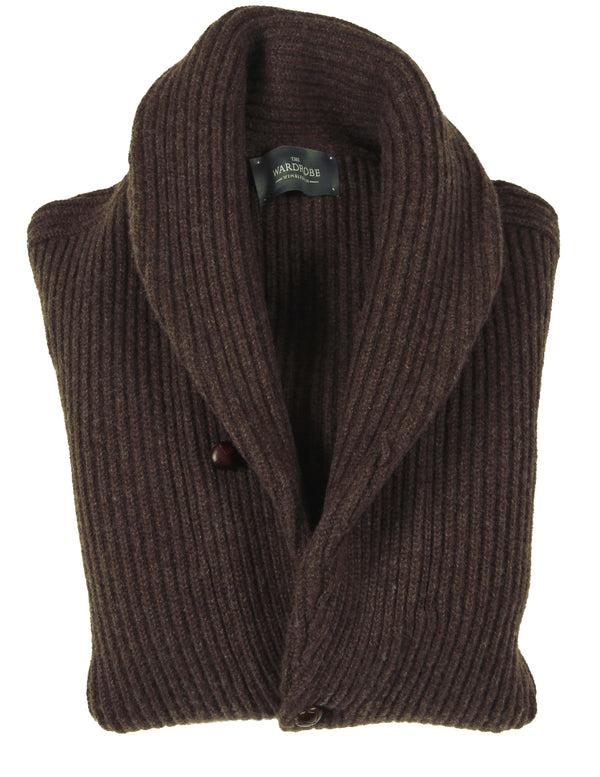 The Wardrobe Sweater Soft Brown Shawl Collar Cardigan 4-Ply Lambswool