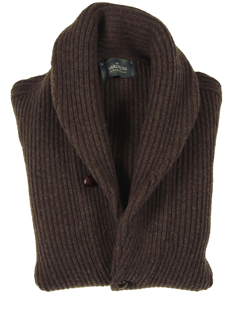 The Wardrobe Sweater Soft Brown Shawl Collar Cardigan 4-Ply Lambswool