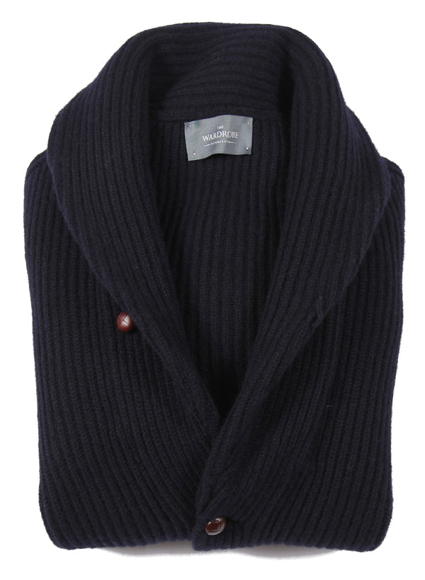 The Wardrobe Sweater Navy Blue Shawl Collar Cardigan 4-Ply Lambswool