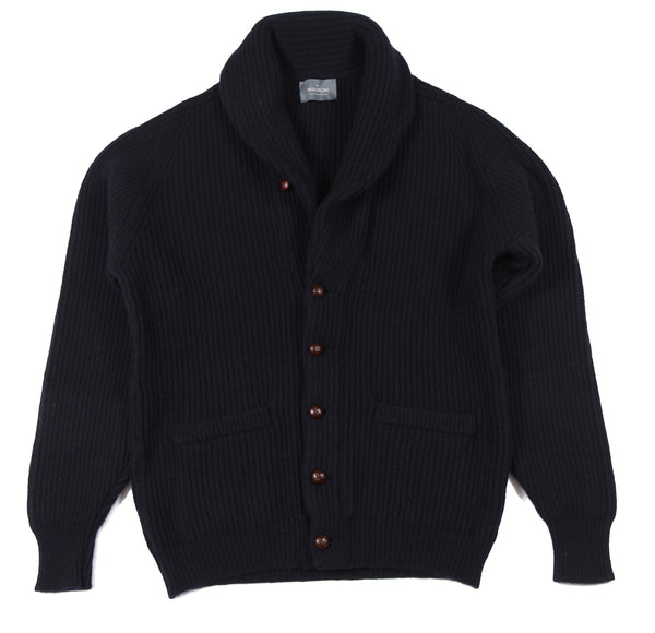 The Wardrobe Sweater Navy Blue Shawl Collar Cardigan 4-Ply Lambswool