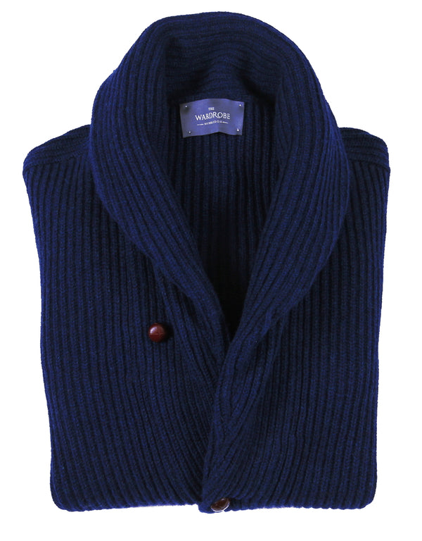 The Wardrobe Sweater Regatta Blue Shawl Collar Cardigan 4-Ply Lambswool