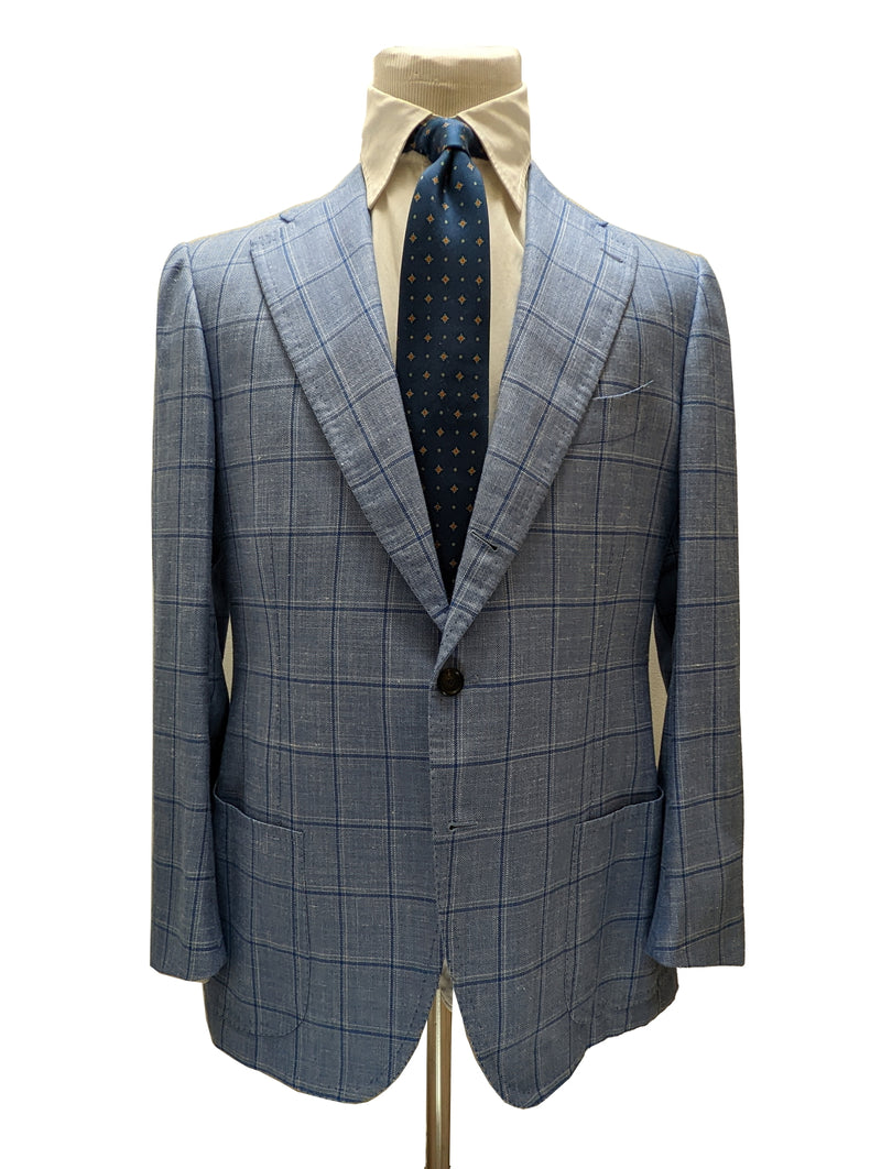 Cesare Attolini Sport Coat: 41/42R, Light blue windowpane, 3-button, wool/silk