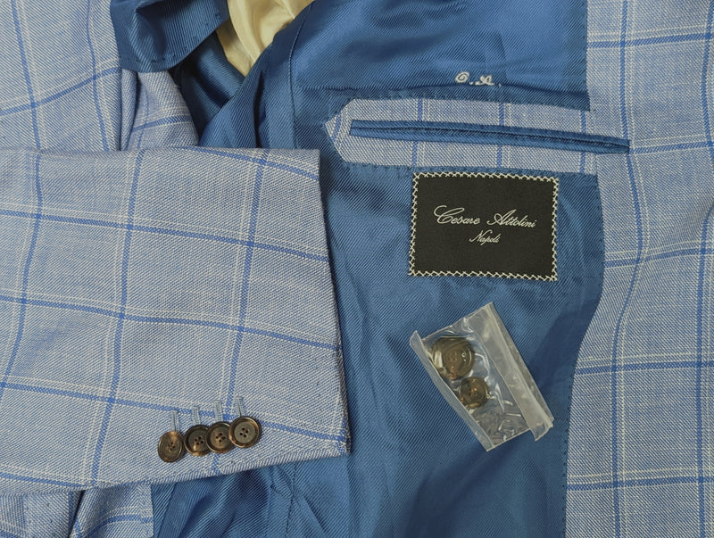 Cesare Attolini Sport Coat: 41/42R, Light blue windowpane, 3-button, wool/silk