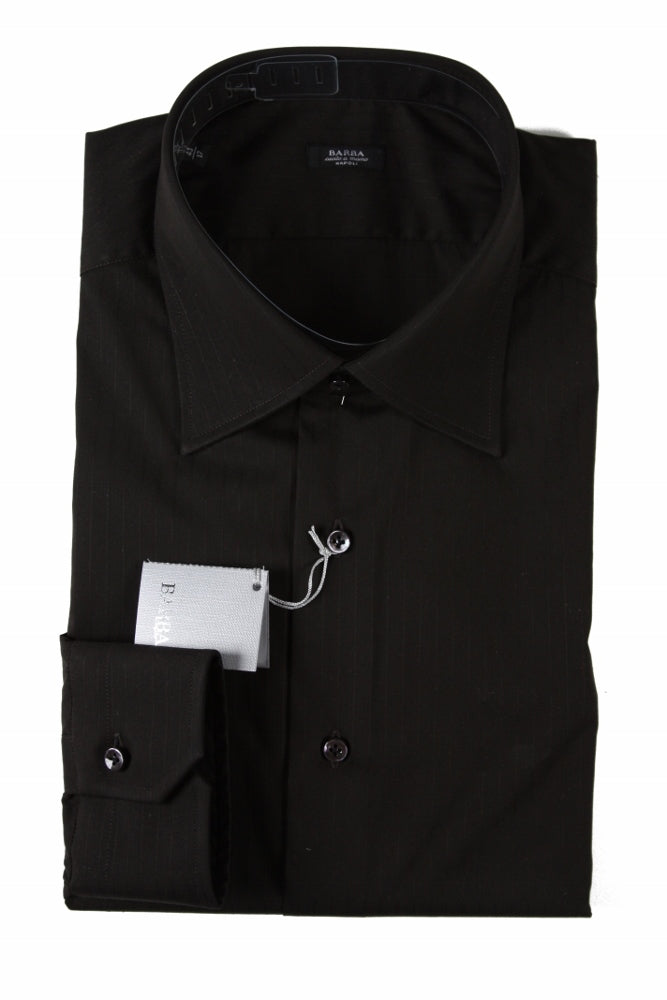 Barba Shirt: 17, Solid dark brown with tonal stripes, spread collar, cotton/poliamid/elastane