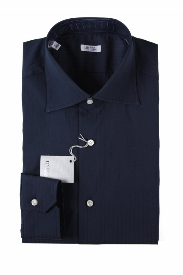 Barba Shirt: 16, Navy with tonal stripes, spread collar, cotton/poliamid/elastane