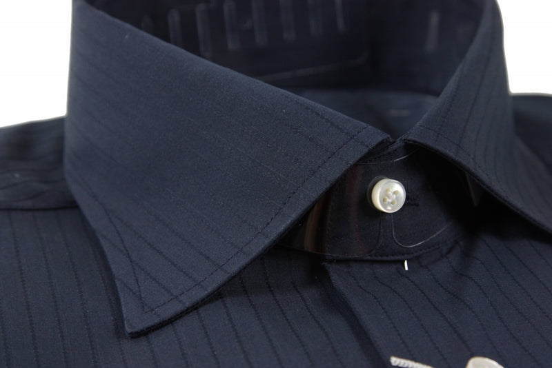 Barba Shirt: 16, Navy with tonal stripes, spread collar, cotton/poliamid/elastane