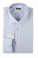 Barba Shirt: 16.5, Light blue with navy and white stripes, spread collar, pure cotton