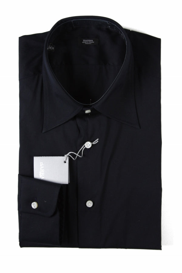 Barba Shirt: 16, Solid midnight blue, spread collar, cotton/poliamide/elastane