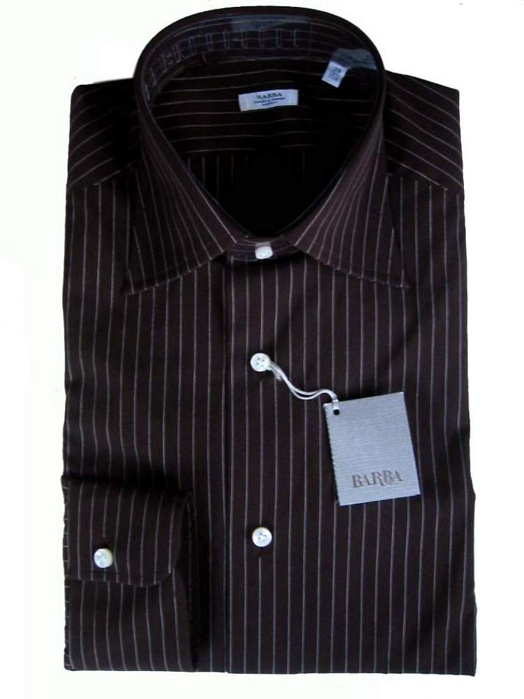 Barba Shirt: 16, Brown white pinstripes, button down collar, cotton/poliamide/elastane