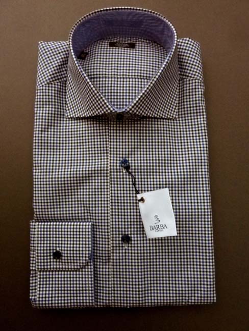 Barba Shirt: 15, Navy/white/black check, spread collar, pure cotton