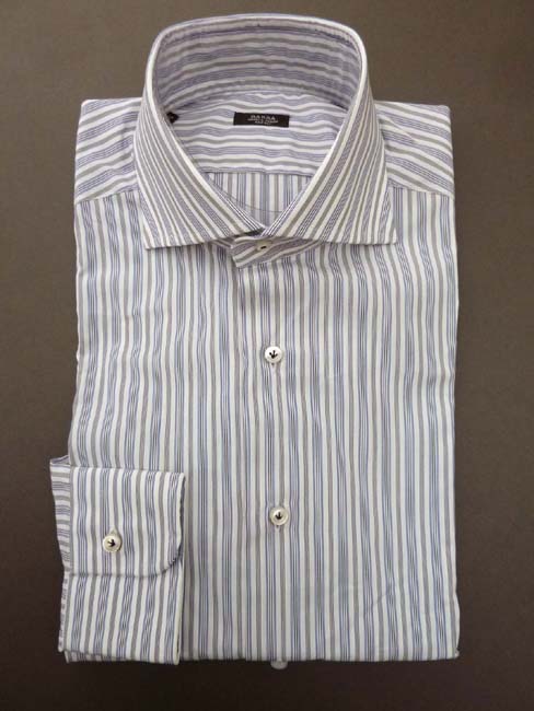 Barba Shirt: 15.75, White with dark grey/blue stripes, spread collar, pure cotton