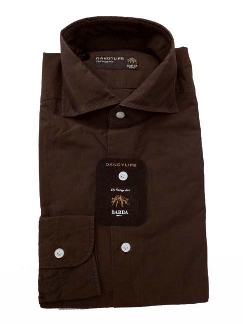 Barba Dandylife Shirt: Brown Spread collar garment washed/dyed cotton
