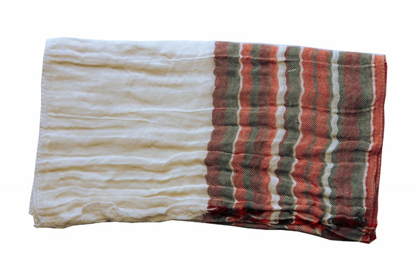 Battisti Scarf: Red, dark taupe and vanilla stripes Vintage cotton/linen