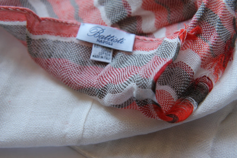 Battisti Scarf: Red, dark taupe and vanilla stripes Vintage cotton/linen