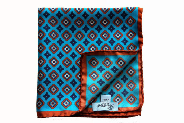 Battisti Pocket Square Turquoise with brown/navy geometric pattern pure silk