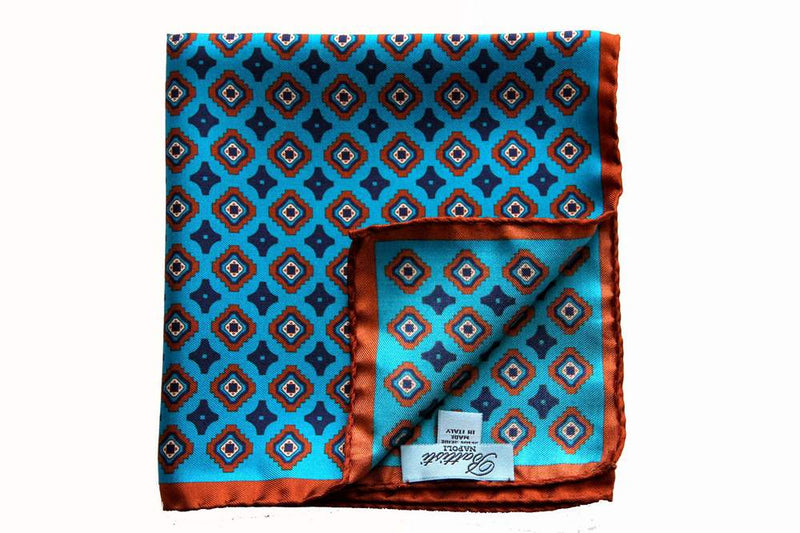 Battisti Pocket Square Turquoise with brown/navy geometric pattern pure silk