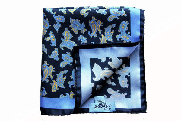 Battisti Pocket Square: Navy with sky/yellow paisley, pure silk