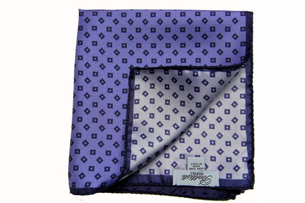 Battisti Pocket Square: Medium blue with small navy squares, pure silk