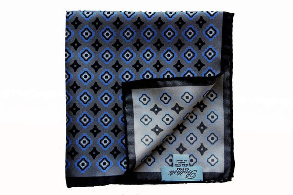 Battisti Pocket Square Grey with black/blue geometric pattern, pure silk