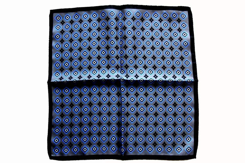 Battisti Pocket Square Grey with black/blue geometric pattern, pure silk