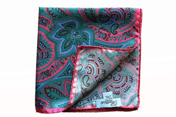 Battisti Pocket Square: Pink with dark jade/periwinkle/brown floral paisley, pure silk