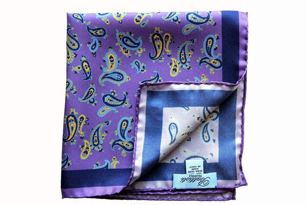 Battisti Pocket Square: Purple with blue/yellow paisley, pure silk