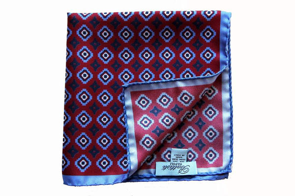Battisti Pocket Square Red with sky/navy geometric pattern pure silkl
