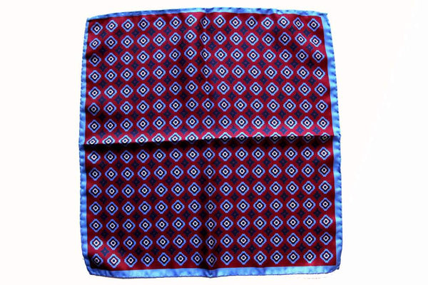 Battisti Pocket Square Red with sky/navy geometric pattern pure silkl