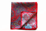 Battisti Pocket Square Red with grey/periwinkle/yellow floral paisley pure sillk