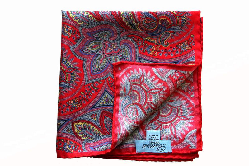 Battisti Pocket Square Red with grey/periwinkle/yellow floral paisley pure sillk