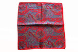 Battisti Pocket Square Red with grey/periwinkle/yellow floral paisley pure sillk