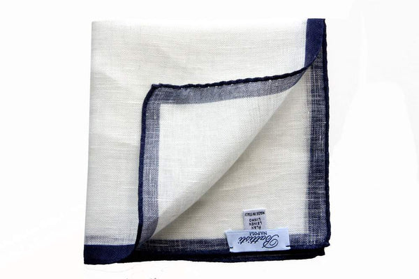 Battisti Pocket Square White with navy border pure linen