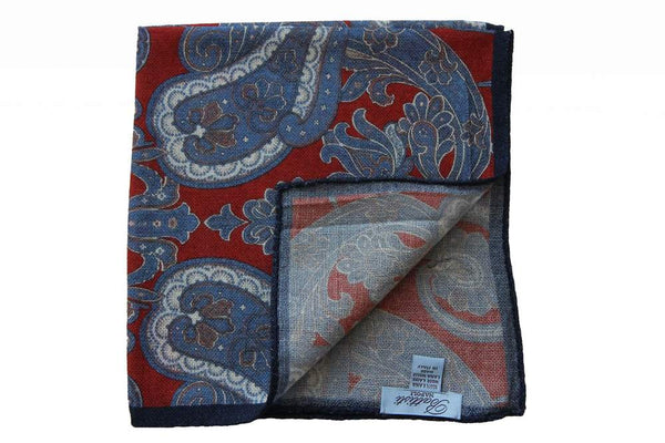 Battisti Pocket Square: Muted red with blue/white/grey paisleys, pure wool